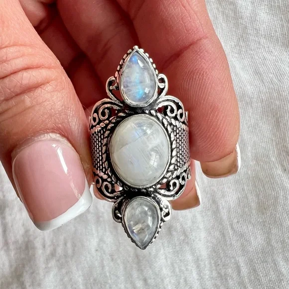 925 OMG! Gorgeous! Triple Rainbow Flash Moonstone Ring 6 7 8 9 10 - Picture 1 of 11